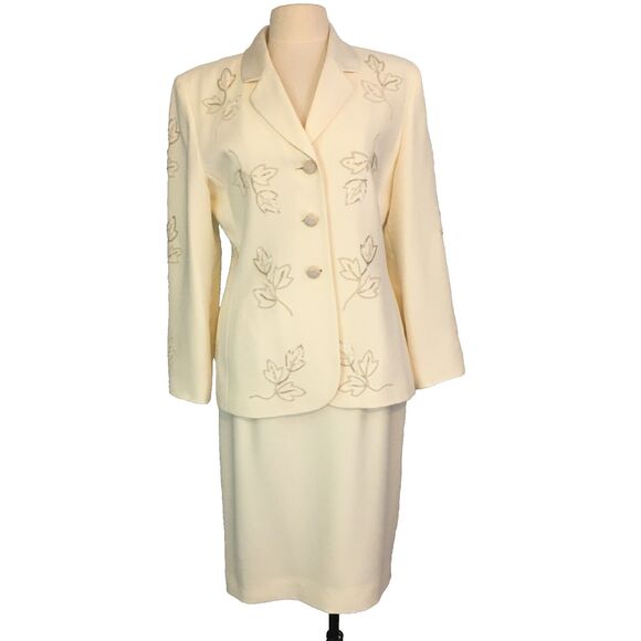 Albert Nipon Evening White Ivory Beaded Skirt Suit, Blazer, Leaves, 38‎ Chest, M - Picture 1 of 15